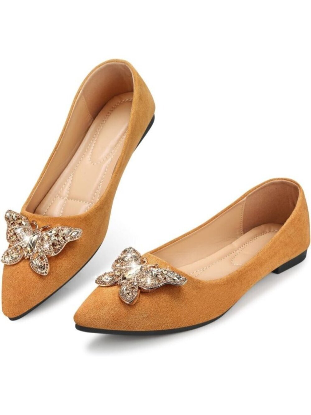 Women Light Brown Pointed Toe Pearl Flats Faux Suede Comfort Dress Flats Casual - Picture 1 of 6